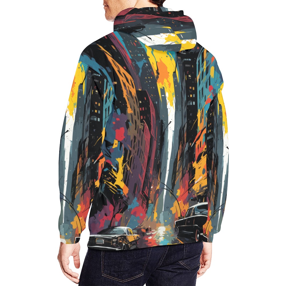 New York City colorful abstract art. Cars, houses All Over Print Hoodie for Men (USA Size) (Model H13)