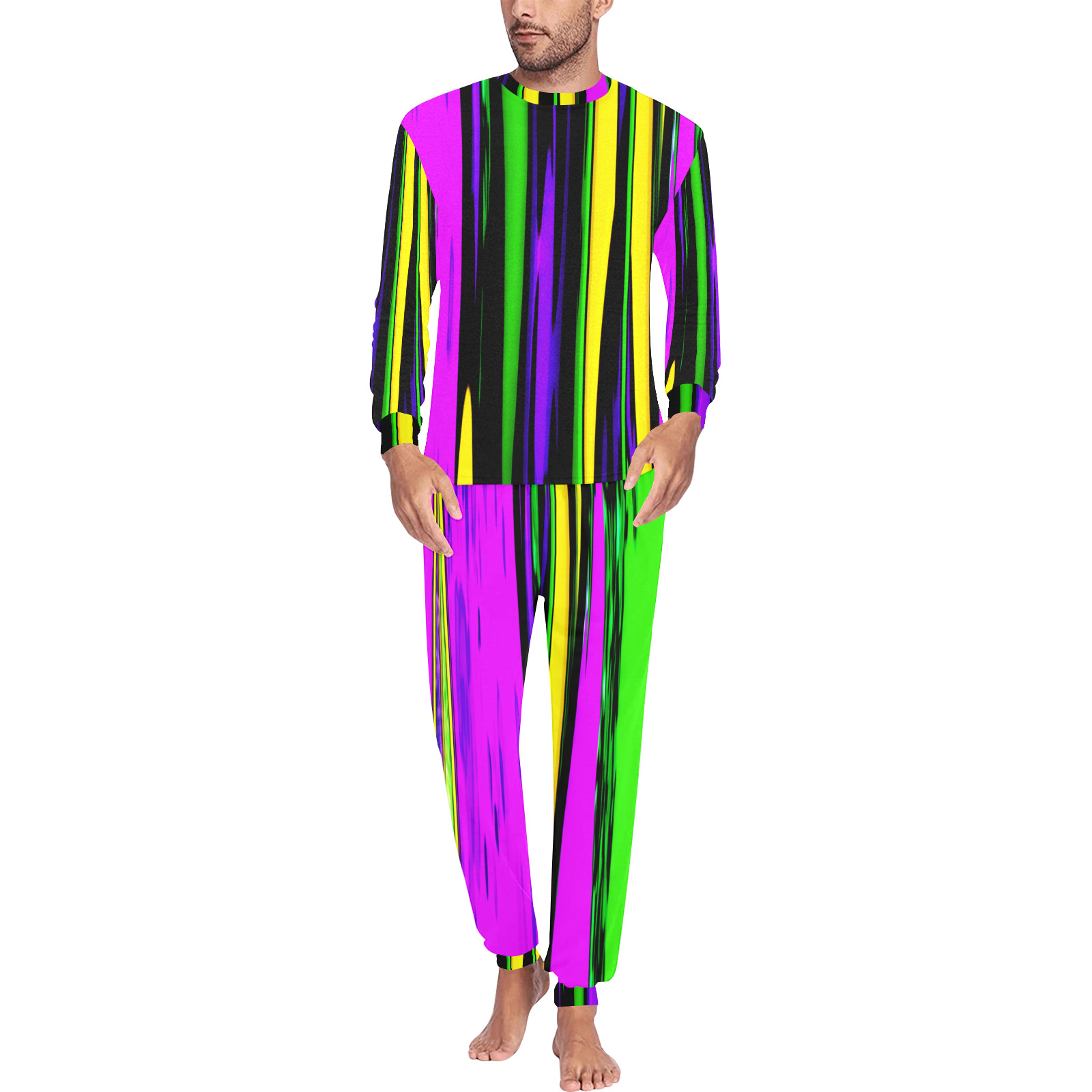 Mardi Gras Stripes Men's All Over Print Pajama Set with Custom Cuff