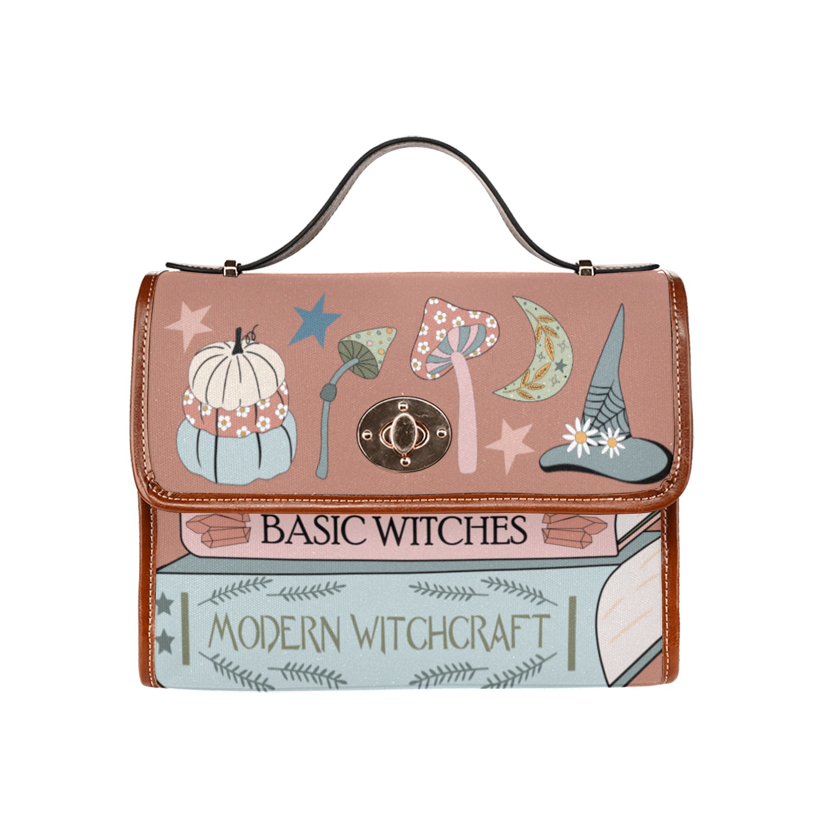 Pink Witch Spell Book Satchel Handbag Waterproof Canvas Bag-Brown (All Over Print) (Model 1641)