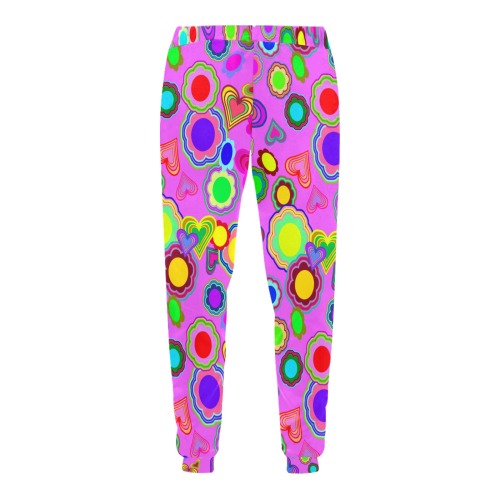 Groovy Hearts and Flowers Pink Unisex Casual Sweatpants (Model L11)