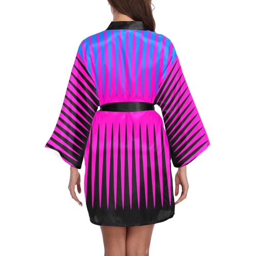Wave Design Pink Blue and Black Long Sleeve Kimono Robe