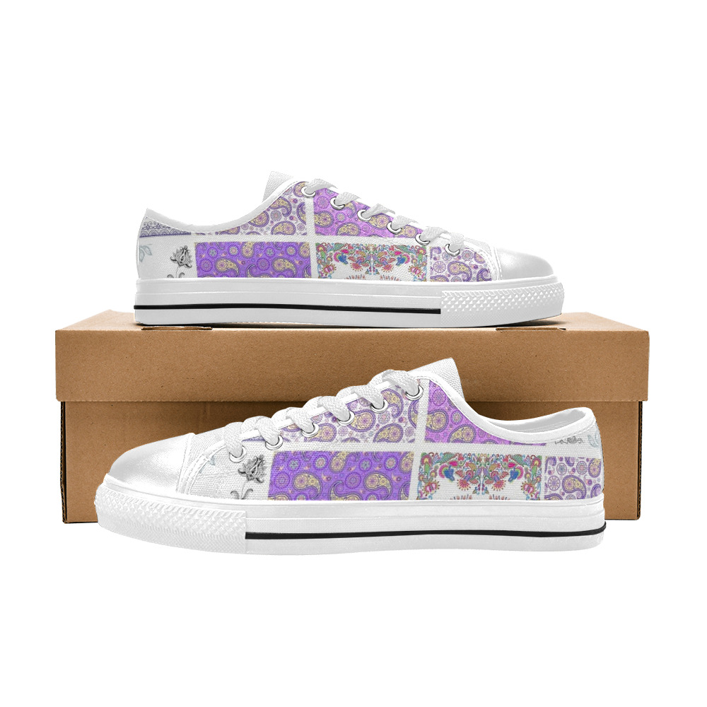 Purple Paisley Birds and Animals Patchwork Design Low Top Canvas Shoes for Kid (Model 018)