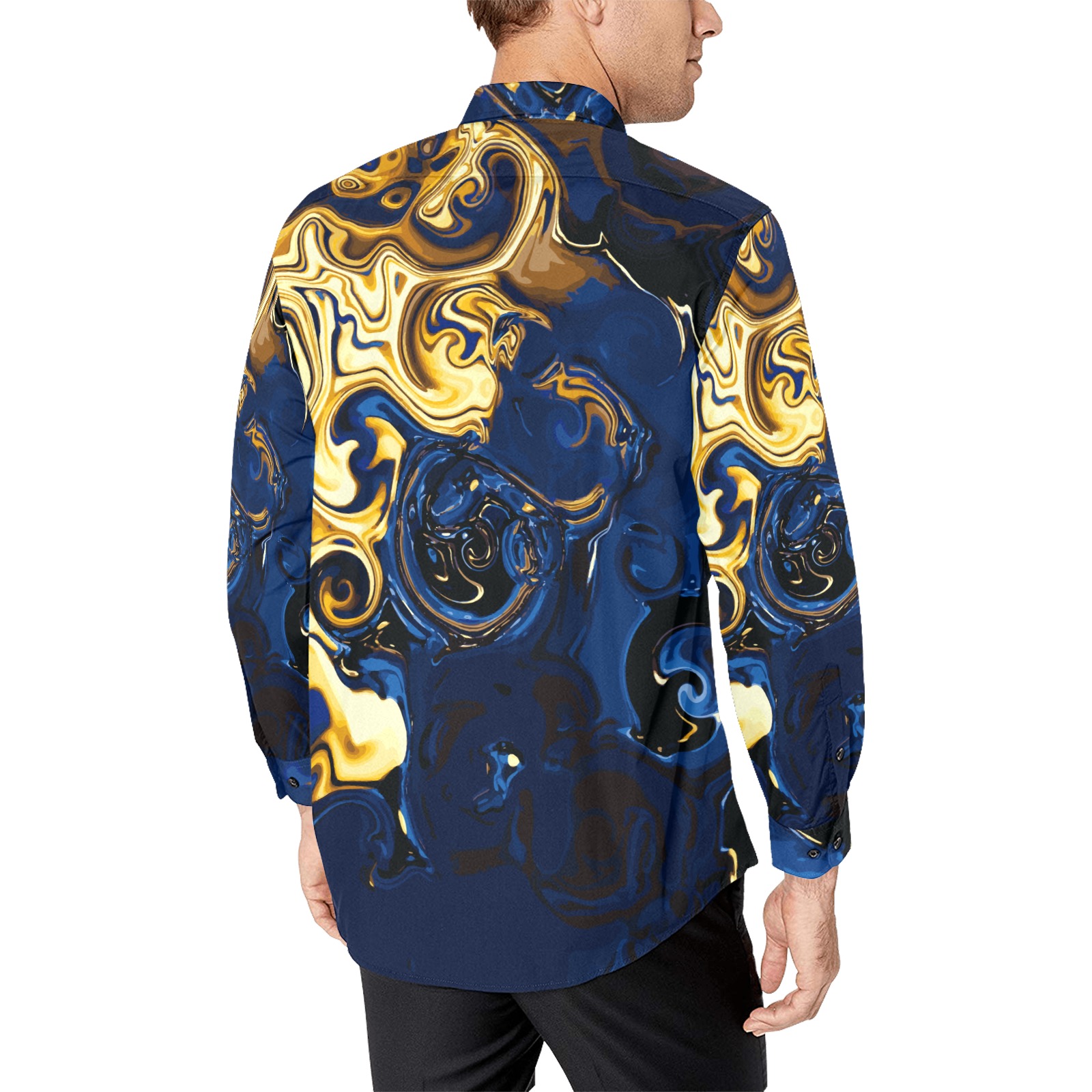 Shiny Bed of Gold Coins at the Bottom of the Sea - gold blue black gradient spirals Men's All Over Print Casual Dress Shirt (Model T61)