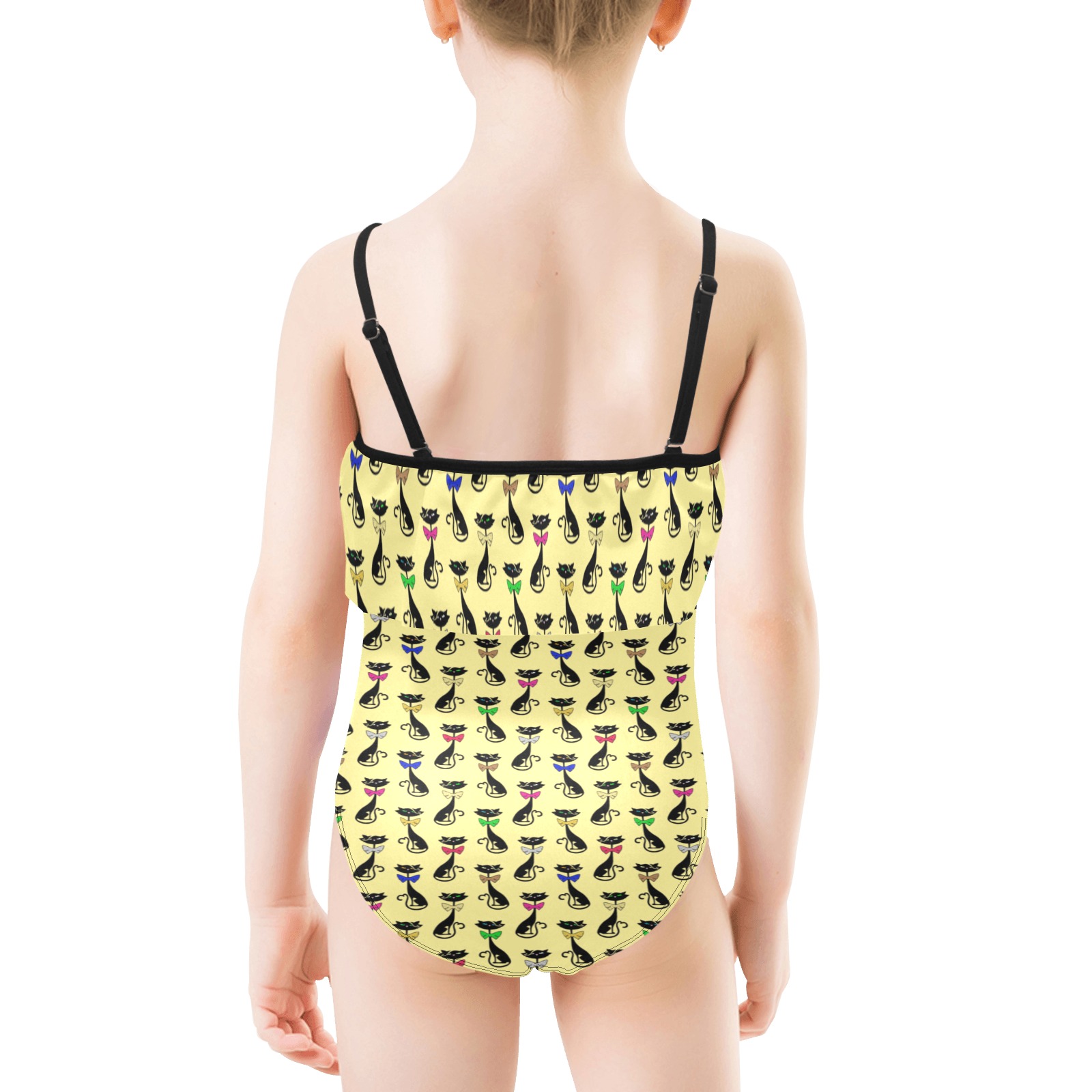 Black Cats Wearing Bow Ties - Yellow Kids' Spaghetti Strap Ruffle Swimsuit (Model S26)