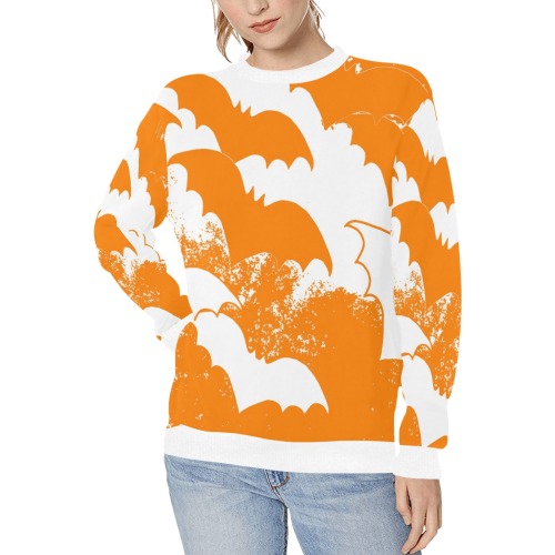 White Bats In Flight Orange Women's Rib Cuff Crew Neck Sweatshirt (Model H34)