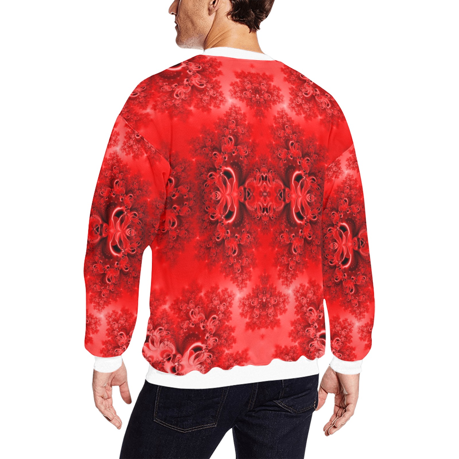 Fiery Red Rose Garden Frost Fractal All Over Print Crewneck Sweatshirt for Men (Model H18)