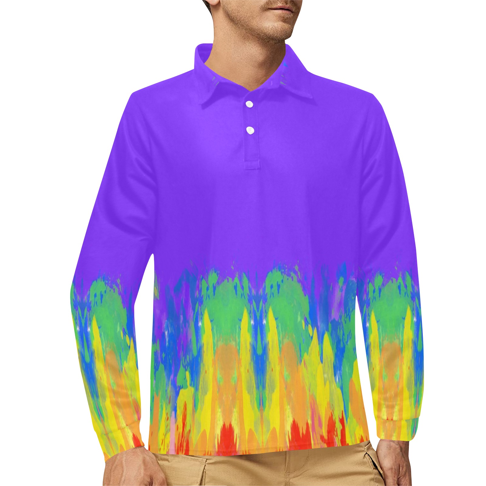 Abstract Paint Flames Purple Men's Long Sleeve Polo Shirt (Model T73)