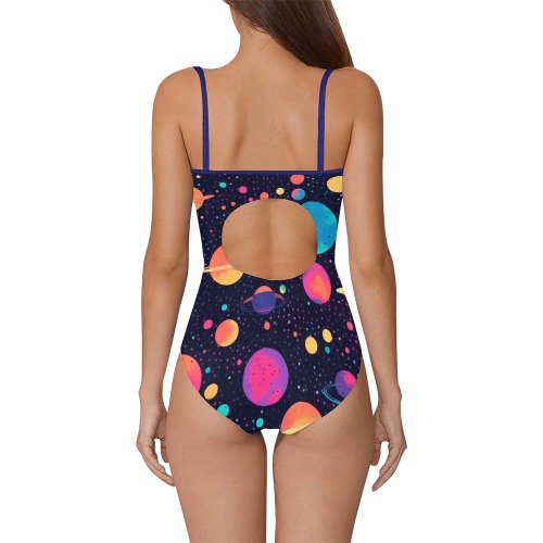 Planets colorful on black background Strap Swimsuit ( Model S05)