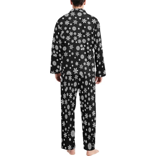 Christmas White Snowflakes on Black Men's V-Neck Long Pajama Set