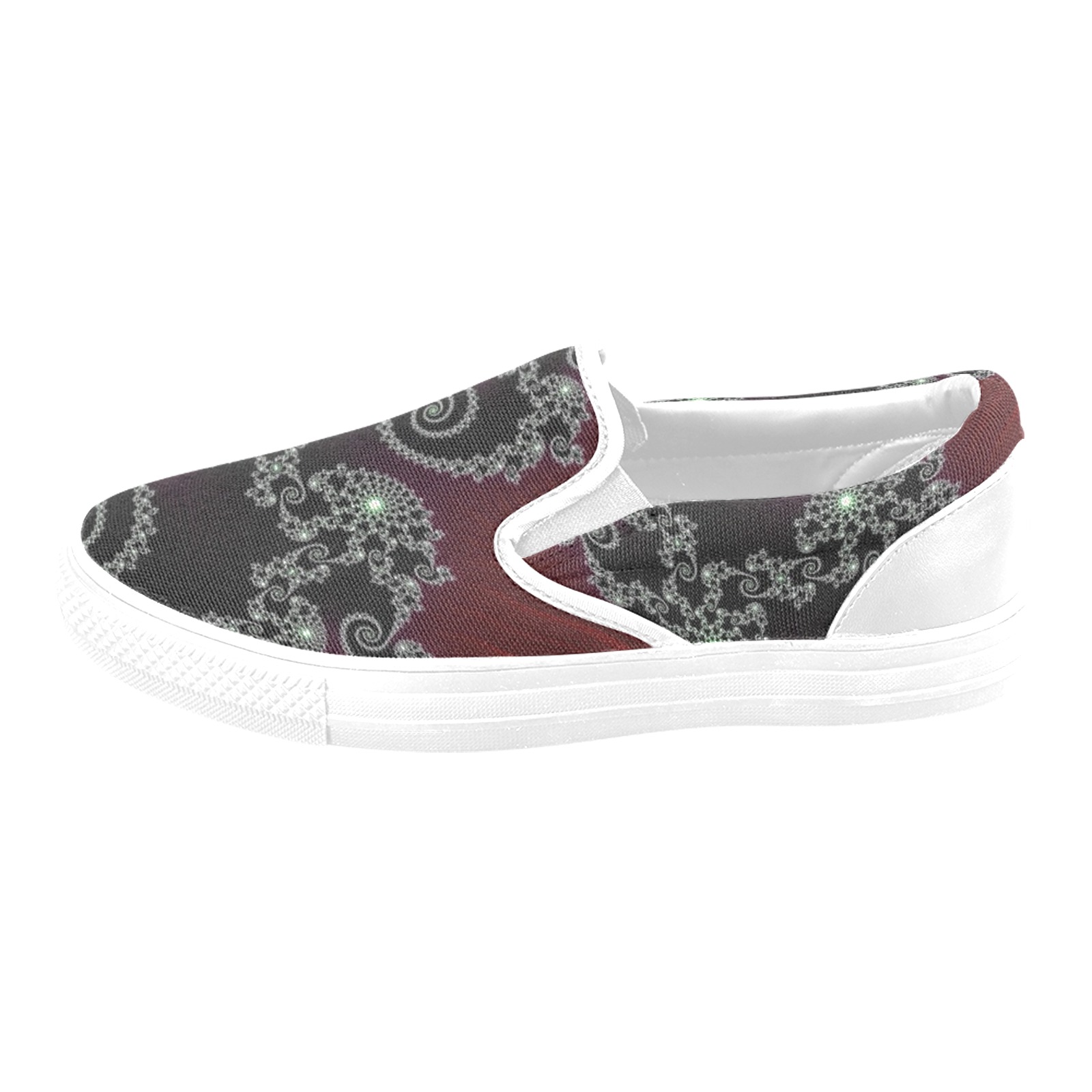 Black and White Lace on Maroon Velvet Fractal Abstract Women's Unusual Slip-on Canvas Shoes (Model 019)