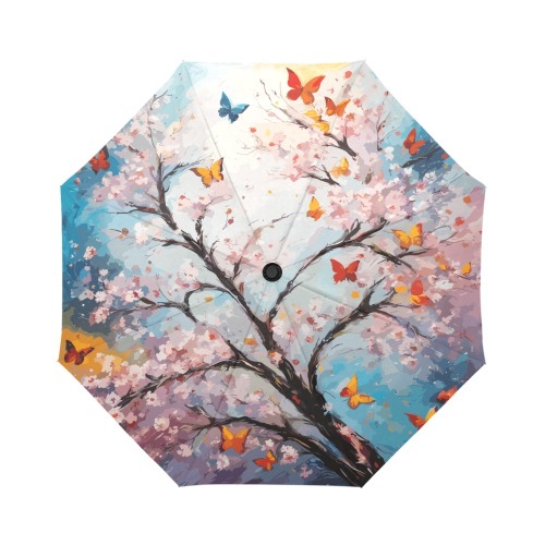 Fantasy sakura cherry blossom tree and butterflies Auto-Foldable Umbrella (Model U04)