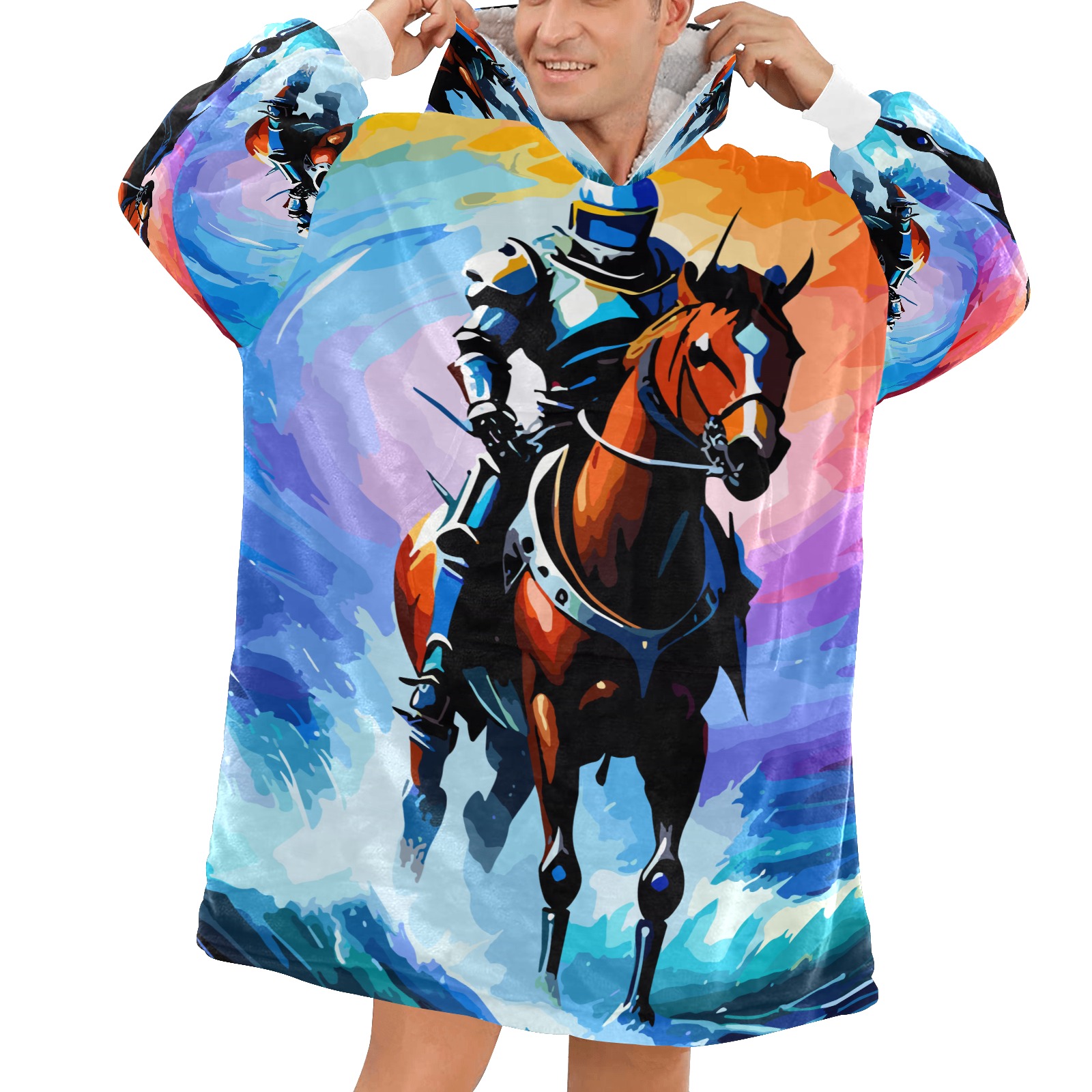 Knight Futuristic On Horse Sea Waves Fantasy Art Blanket Hoodie for Men