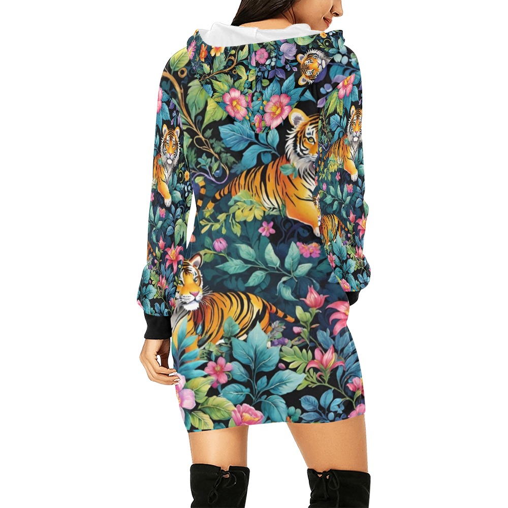 Jungle Tigers and Tropical Flowers Pattern All Over Print Hoodie Mini Dress (Model H27)