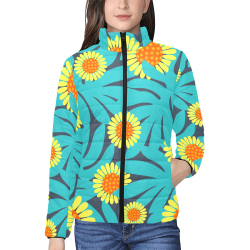 Yellow and Teal Paradise Jungle Flowers and Leaves Women's Stand Collar Padded Jacket (Model H41)
