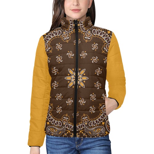 Brown Bandanna Pattern / Gold Women's Stand Collar Padded Jacket (Model H41)