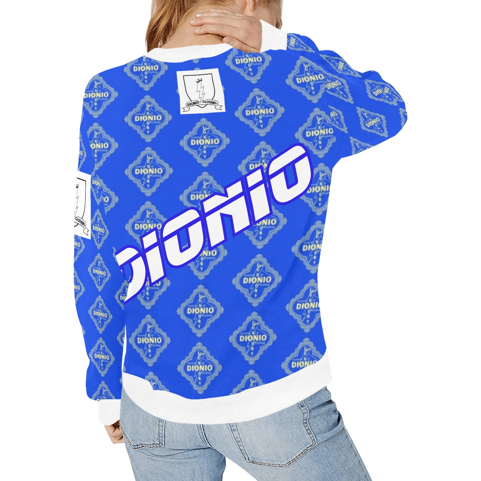 DIONIO Clothing - Women's Sweatshirt (Blue Repeat All Purpose Logo Lightning Strikes Logo)) Women's Rib Cuff Crew Neck Sweatshirt (Model H34)