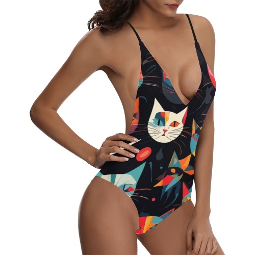 Funny colorful cat faces on black abstract art. Sexy Lacing Backless One-Piece Swimsuit (Model S10)