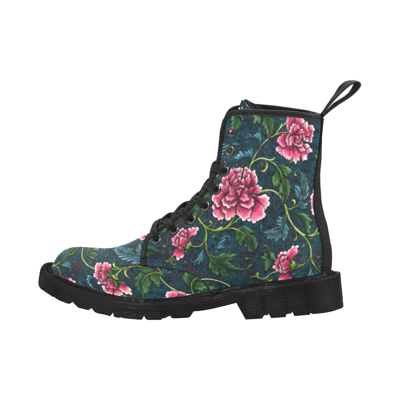 chinoiserie floral pattern Martin Boots for Women (Black) (Model 1203H)