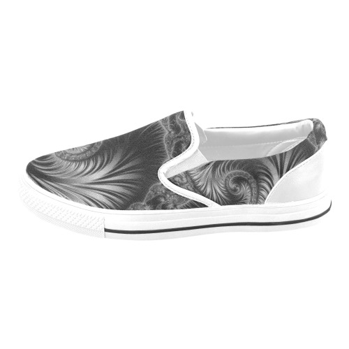 Black and Silver Spiral Fractal Abstract Slip-on Canvas Shoes for Kid (Model 019)