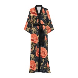 Pink Roses And Navy Long Kimono Robe