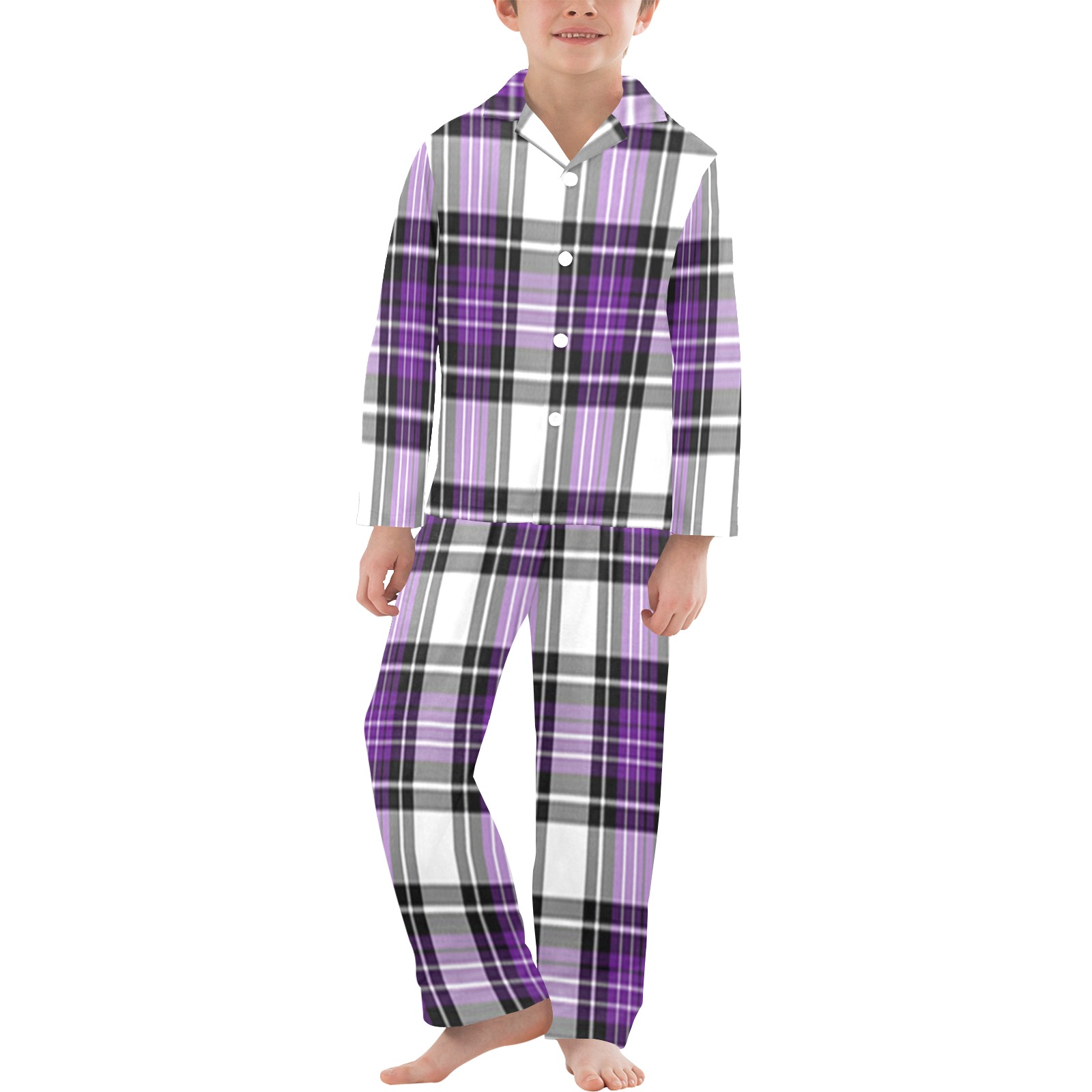Purple Black Plaid Big Boys' V-Neck Long Pajama Set