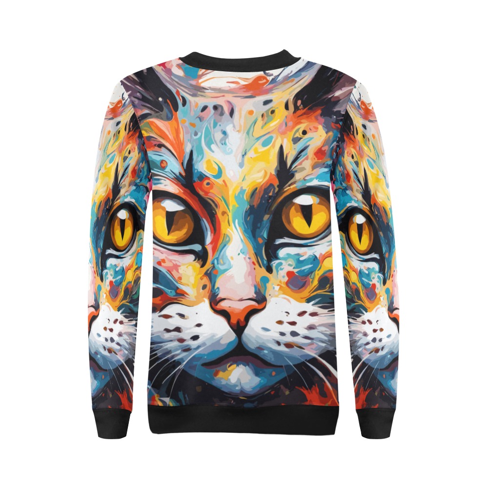 Fantasy cat face and decorative flowers art. All Over Print Crewneck Sweatshirt for Women (Model H18)