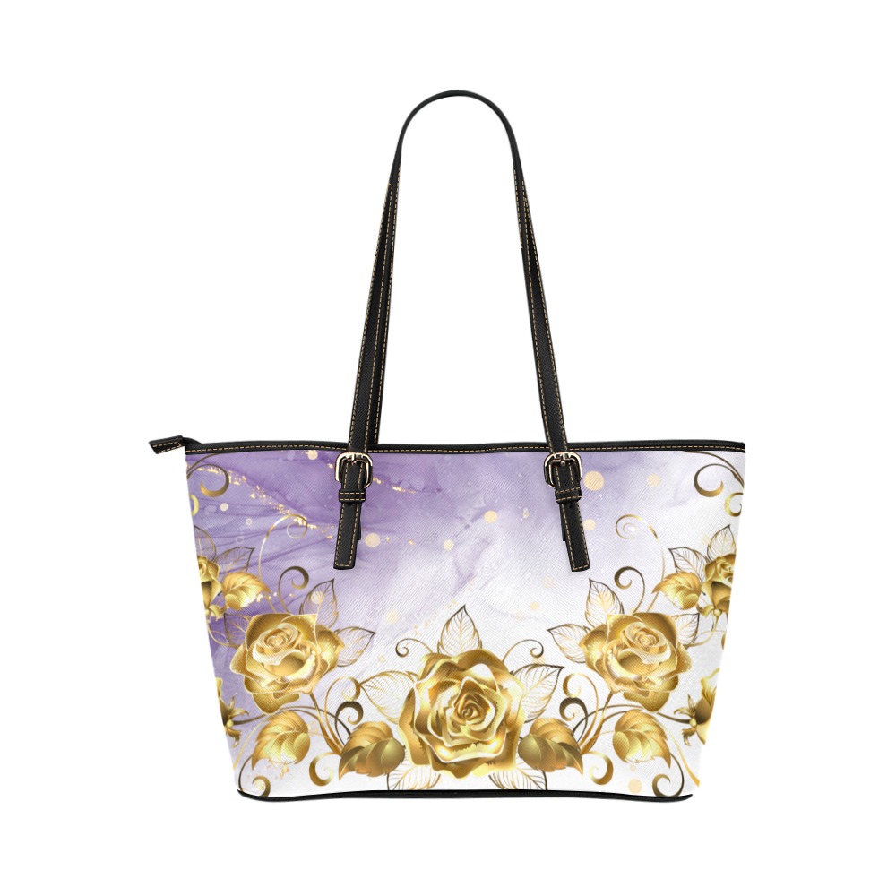 Leather Handbag Tote Women's Purple Flower White Leather Tote Bag/Large (Model 1651)