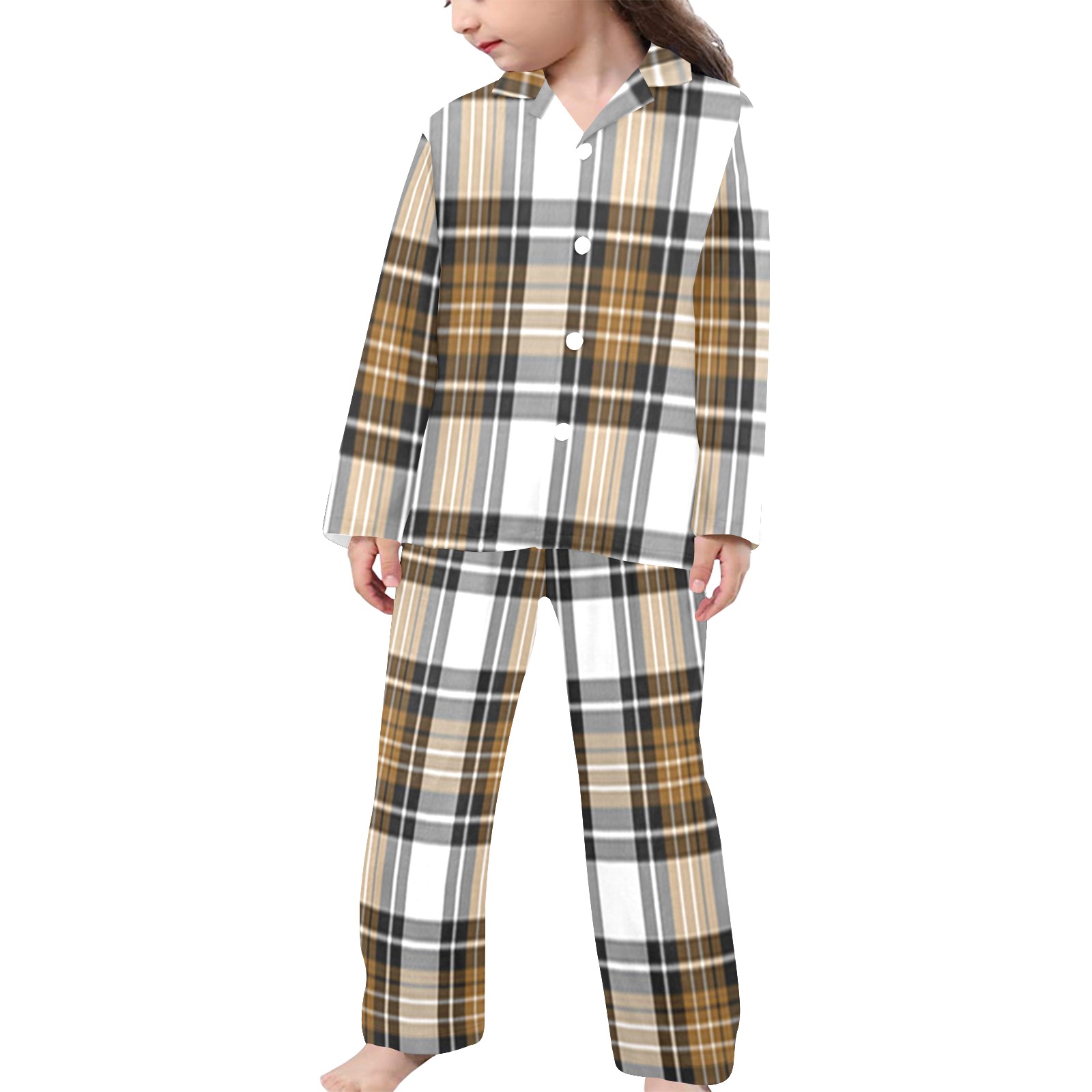 Brown Black Plaid Little Girls' V-Neck Long Pajama Set
