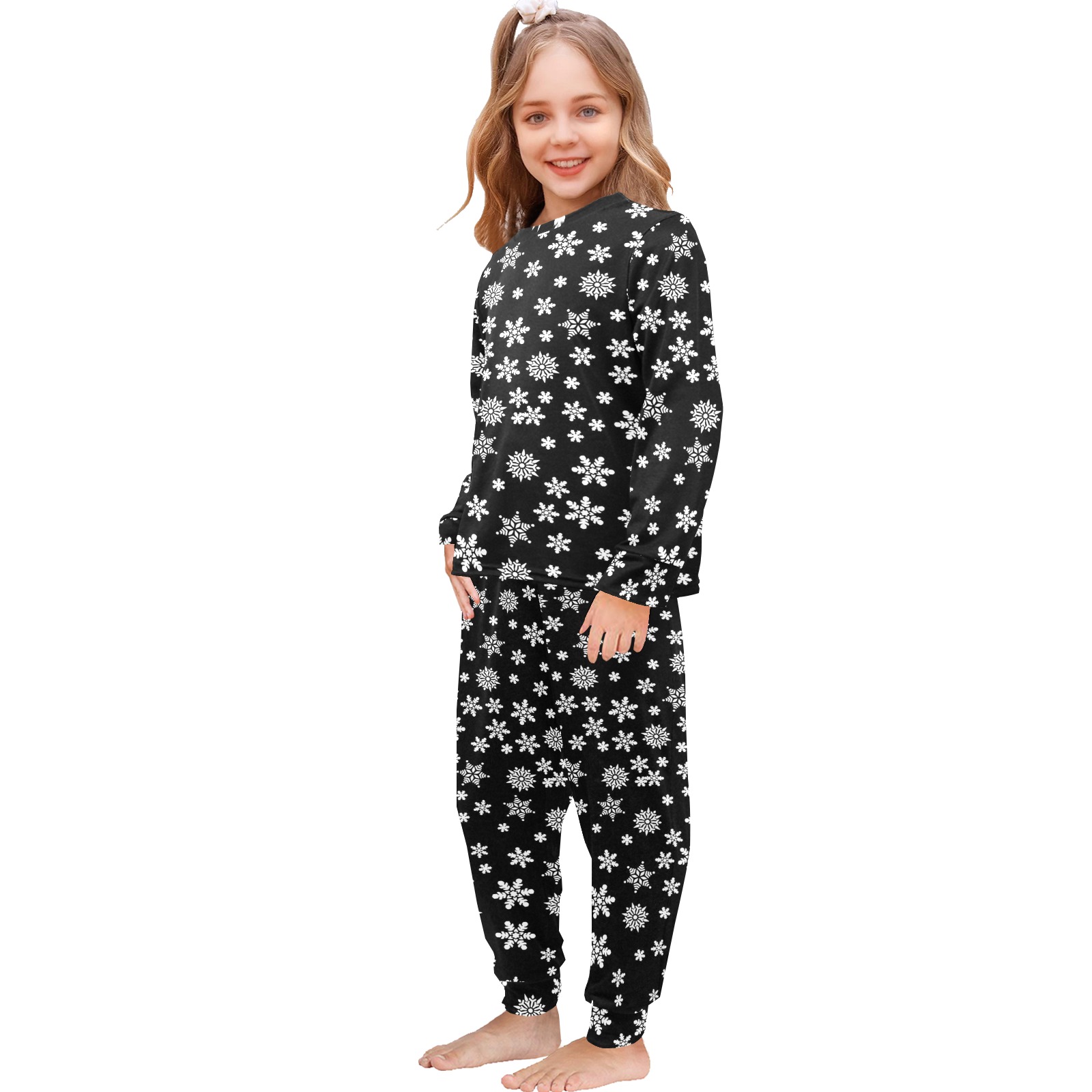 Christmas White Snowflakes on Black Little Girls' Crew Neck Long Pajama Set