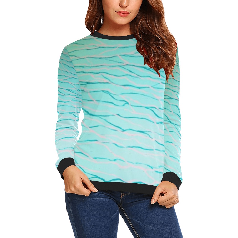 Aquamarine Blue- black collar and cuff All Over Print Crewneck Sweatshirt for Women (Model H18)