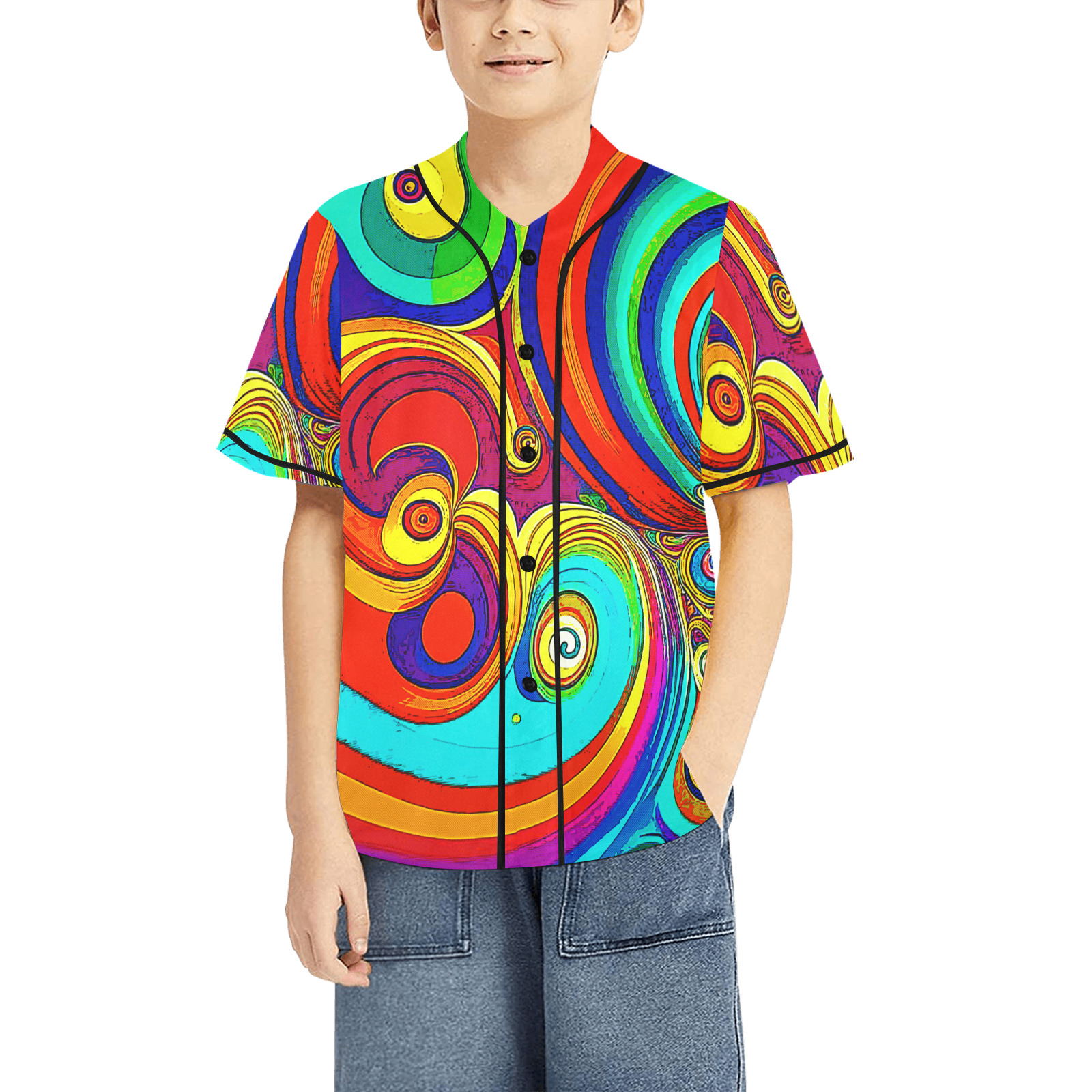 Colorful Groovy Rainbow Swirls All Over Print Baseball Jersey for Kids (Model T50)