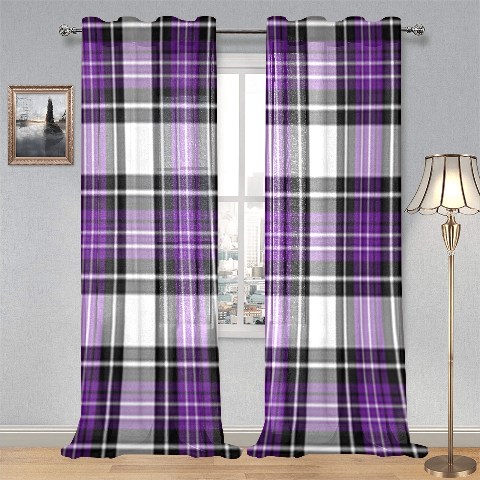 Purple Black Plaid Gauze Curtain 28"x95" (Two-Piece)