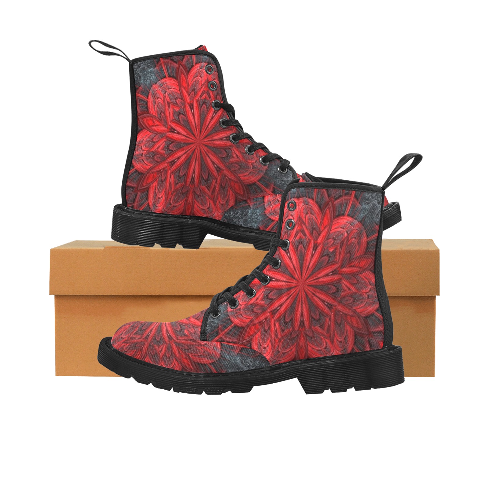 Red Flower on the Black Lava Fractal Kaleidoscope Mandala Abstract Martin Boots for Women (Black) (Model 1203H)