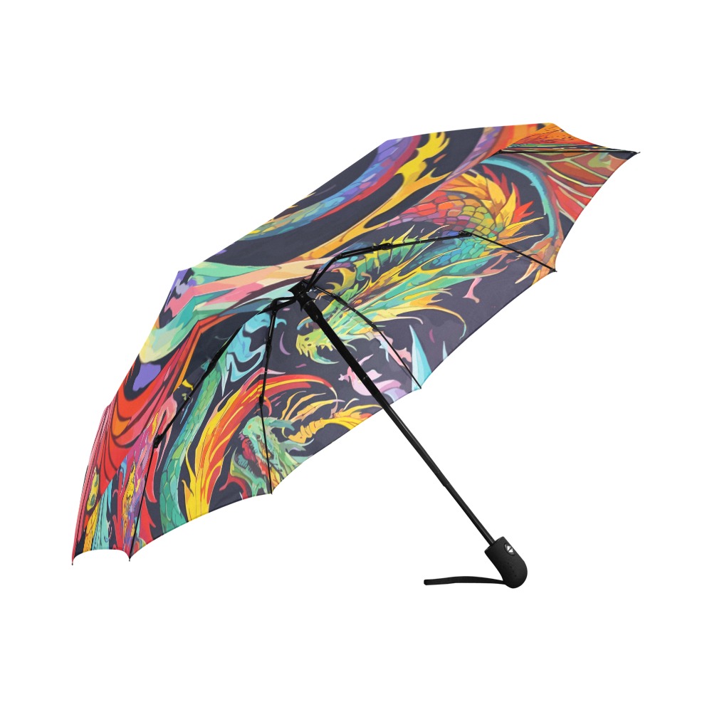 Awesome colorful abstract dragons, fire on black. Auto-Foldable Umbrella (Model U04)