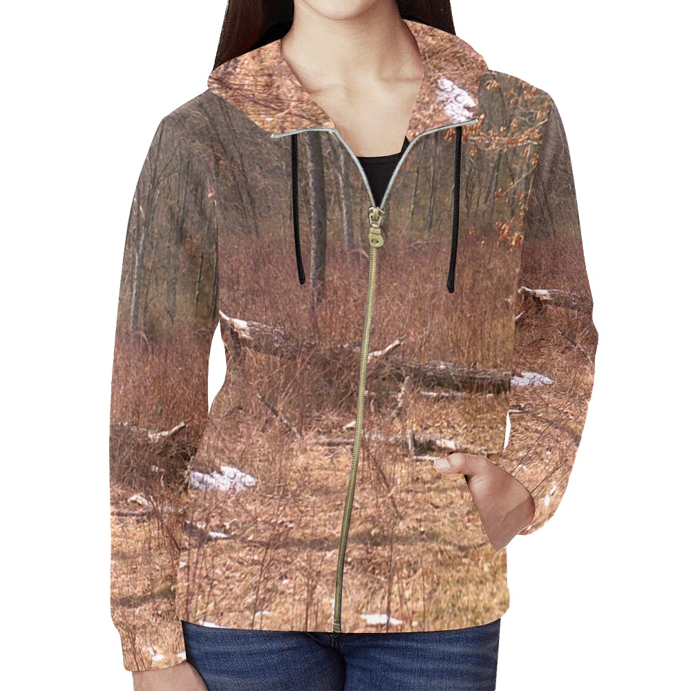 Falling tree in the woods All Over Print Full Zip Hoodie for Women (Model H14)