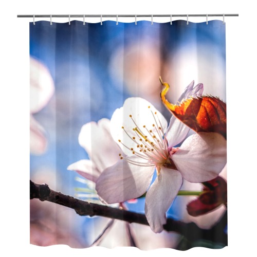 Sunlit sakura cherry flower in the tree shadow. Shower Curtain 72"x84"