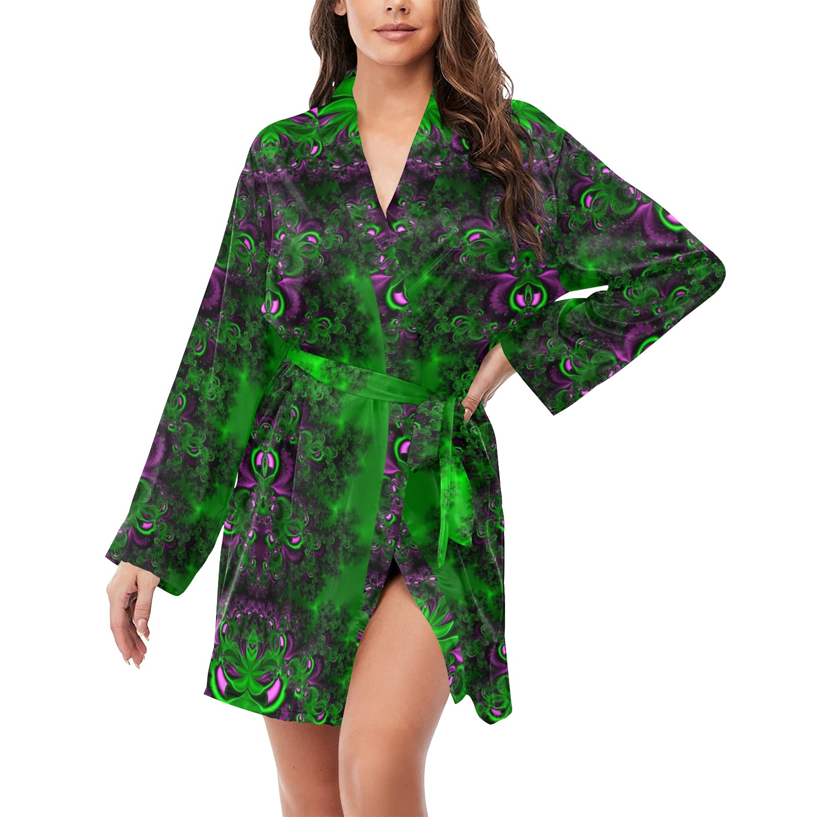 Early Summer Green Frost Fractal Women's Long Sleeve Belted Night Robe