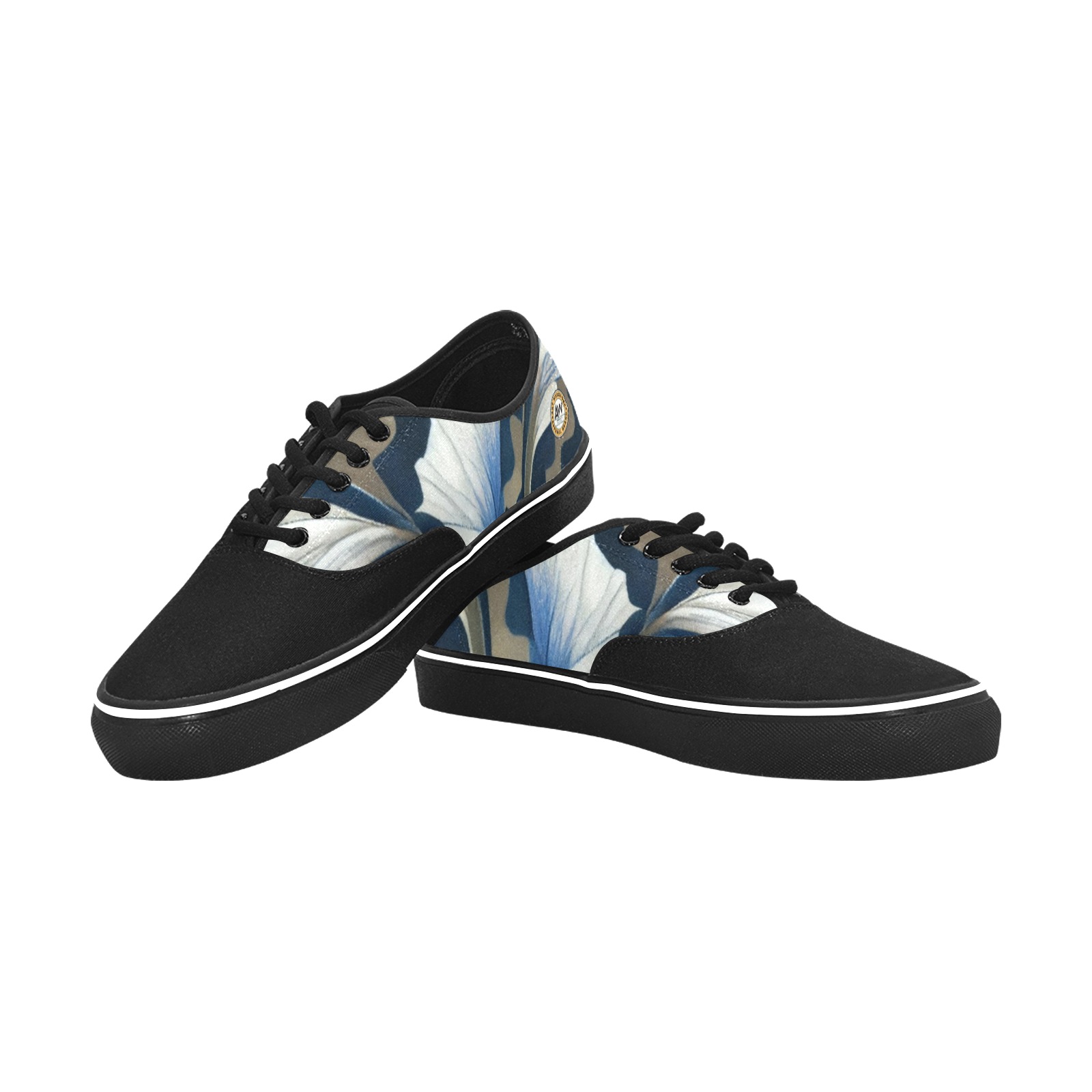 white flower and dark blue pattern Classic Men's Canvas Low Top Shoes (Model E001-4)