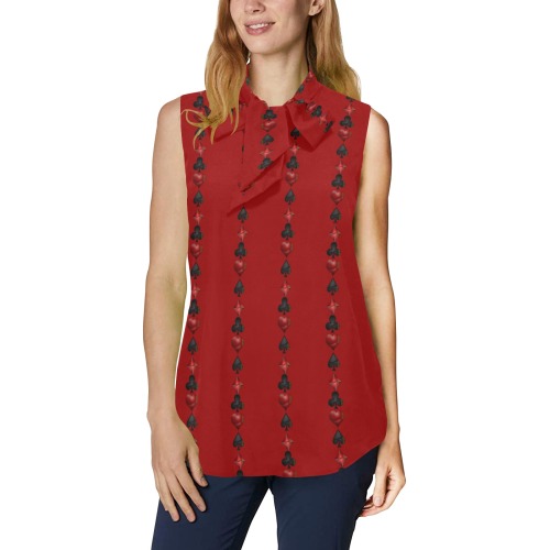 Black Red Playing Card Shapes - Red Women's Bow Tie V-Neck Sleeveless Shirt (Model T69)