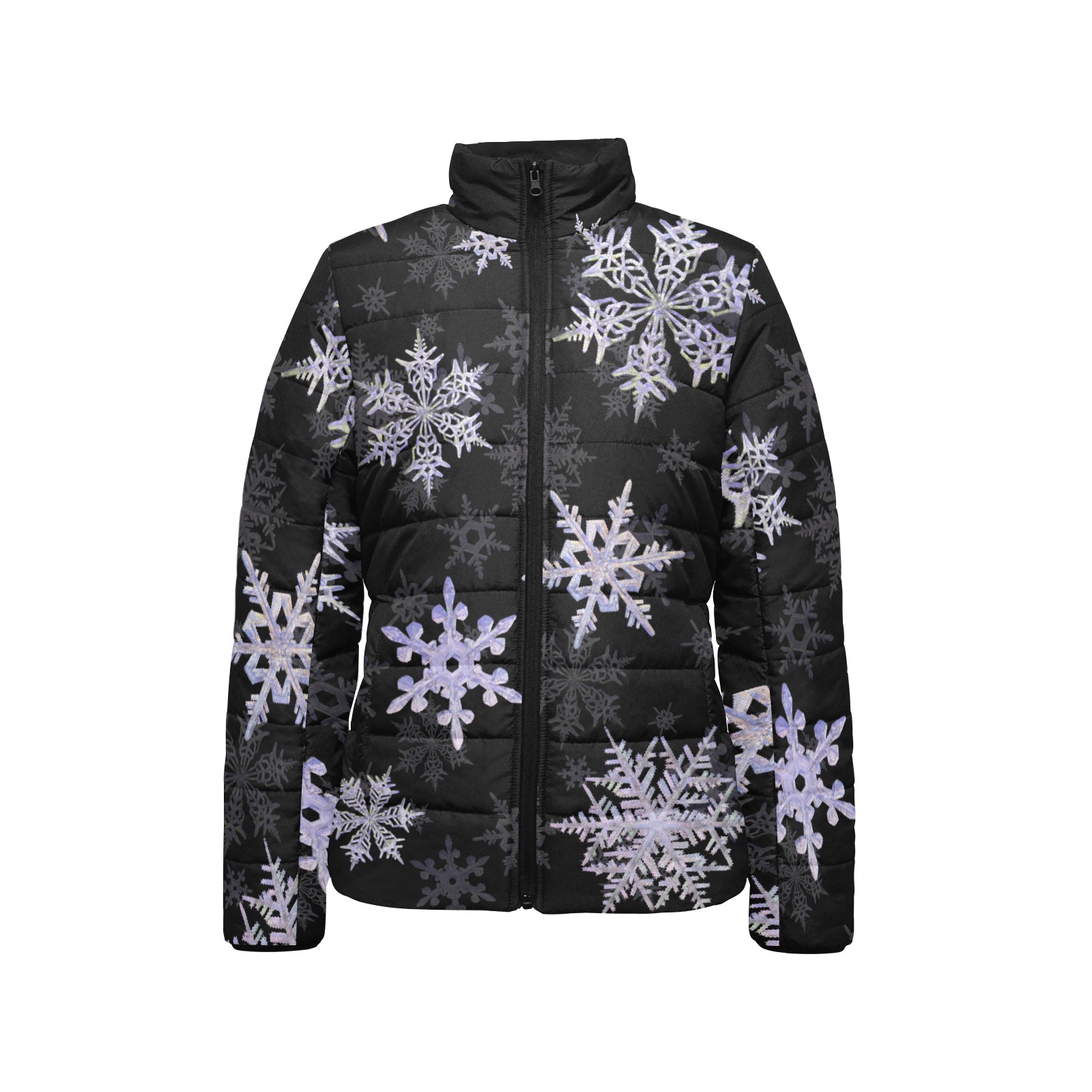 Snowflakes Winter Christmas pattern on black Women's Stand Collar Padded Jacket (Model H41)