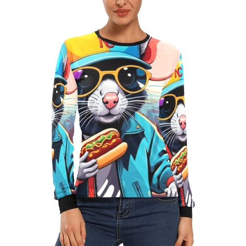 HOT DOG EATING NYC RAT 2 Women's All Over Print Long Sleeve T-shirt (Model T51)