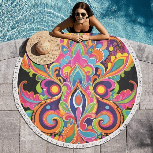 Abstract Retro Hippie Paisley Floral Circular Beach Shawl Towel 59"x 59"