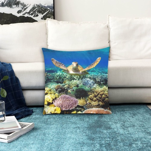 Turtle gliding over Great Barrier Reef. Custom Zippered Pillow Cases 18"x18" (Two Sides)