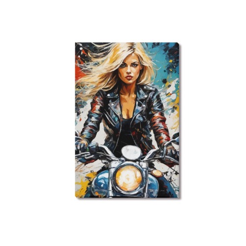 Pretty blonde beauty on a motorbike colorful art Upgraded Canvas Print 12"x18"