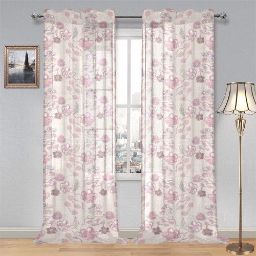 Unique Soft Beige Floral Vintage Gauze Curtain 28"x95" (Two-Piece)