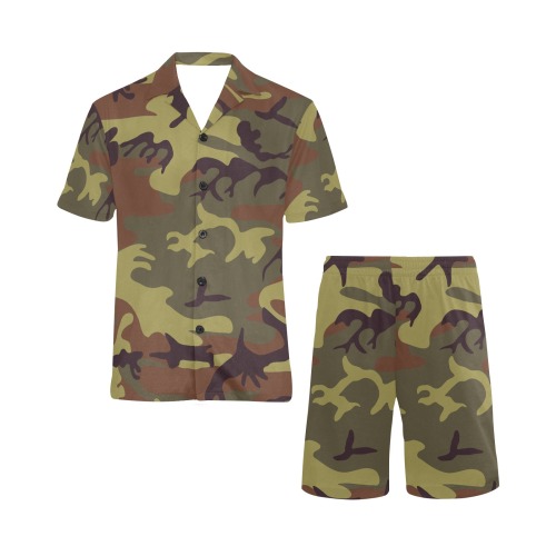 Camo Green Brown Men's V-Neck Short Pajama Set