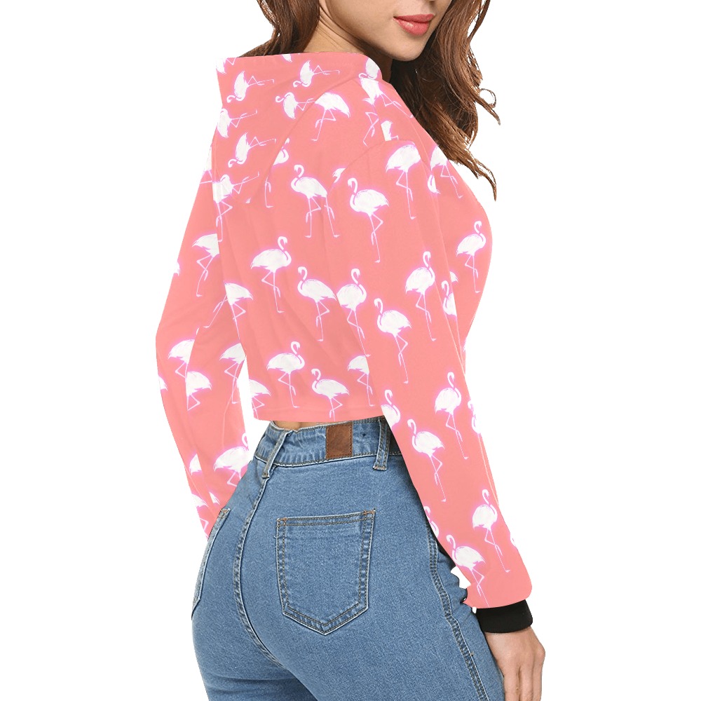 Flamingos Pattern Coral and White All Over Print Crop Hoodie for Women (Model H22)