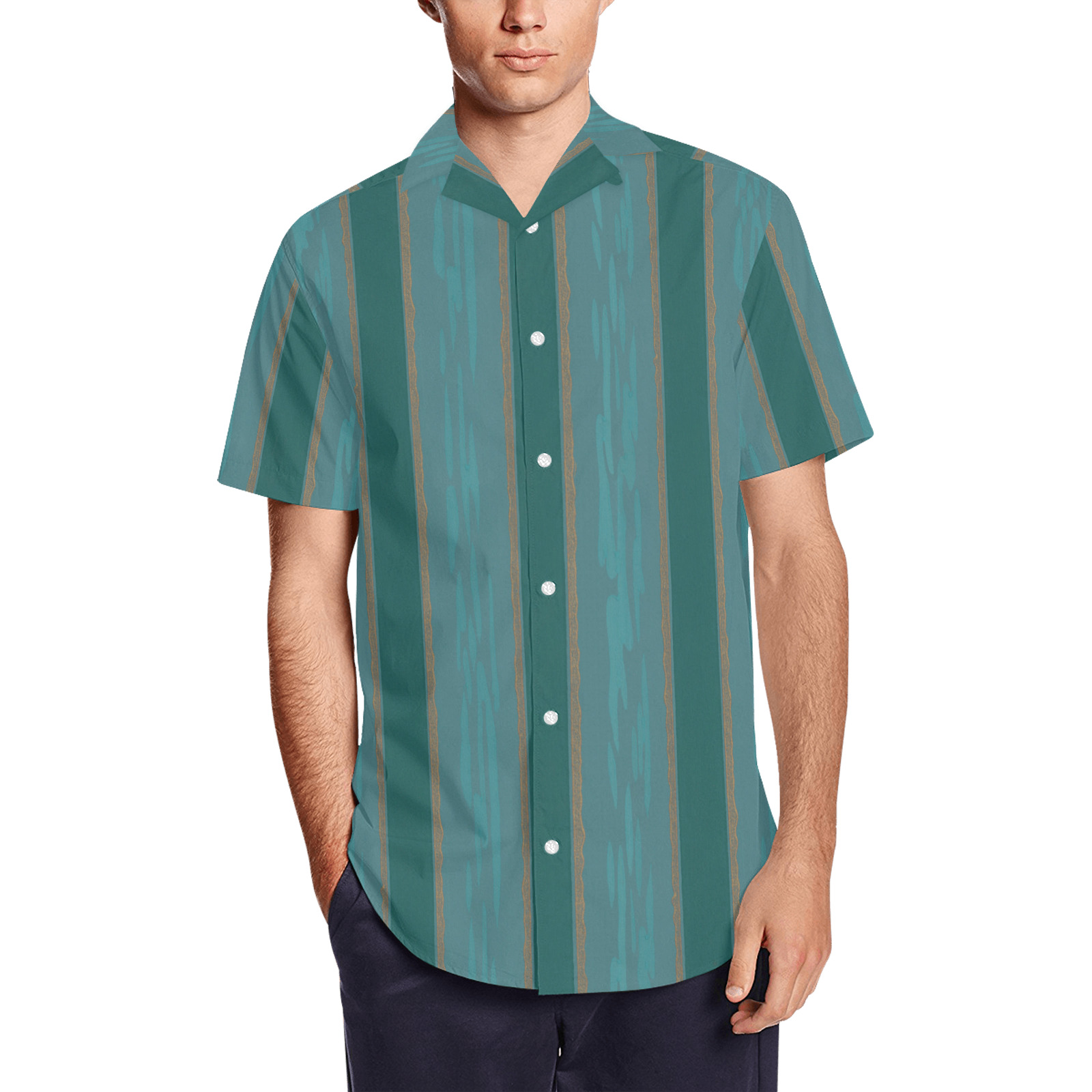Aquamarine stripes Men's Short Sleeve Shirt with Lapel Collar (Model T54)