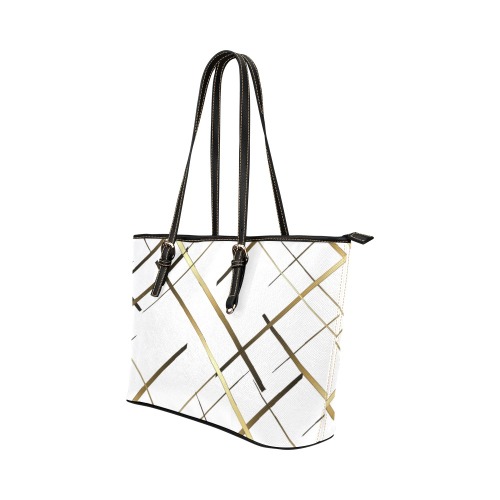 Women's White Leather Tote With Gold Stripes Leather Tote Bag/Large (Model 1651)