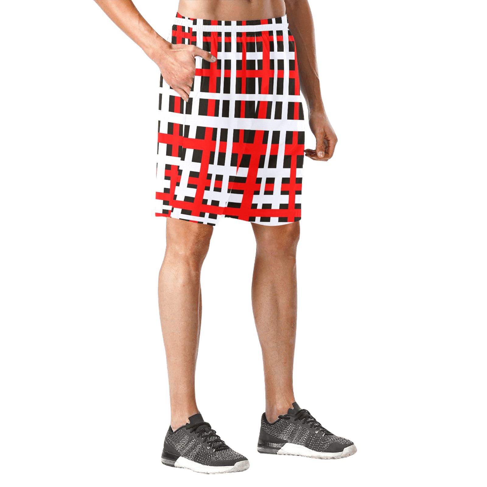 Interlocking Stripes Black White Red Men's All Over Print Elastic Beach Shorts (Model L20)